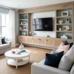 Mother of pearl shell tile used as wall decor in a modern living room setting.