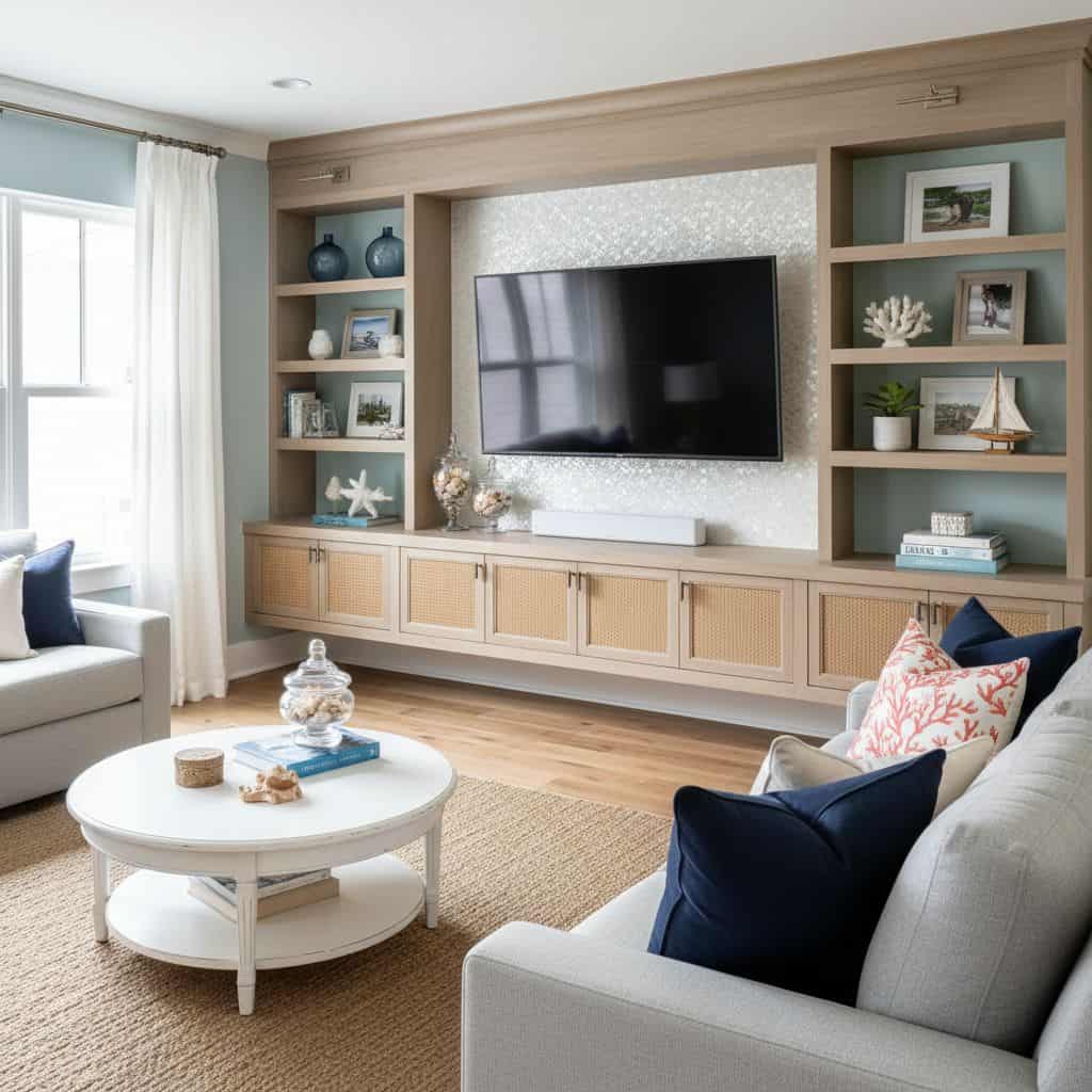 Mother of pearl shell tile used as wall decor in a modern living room setting.