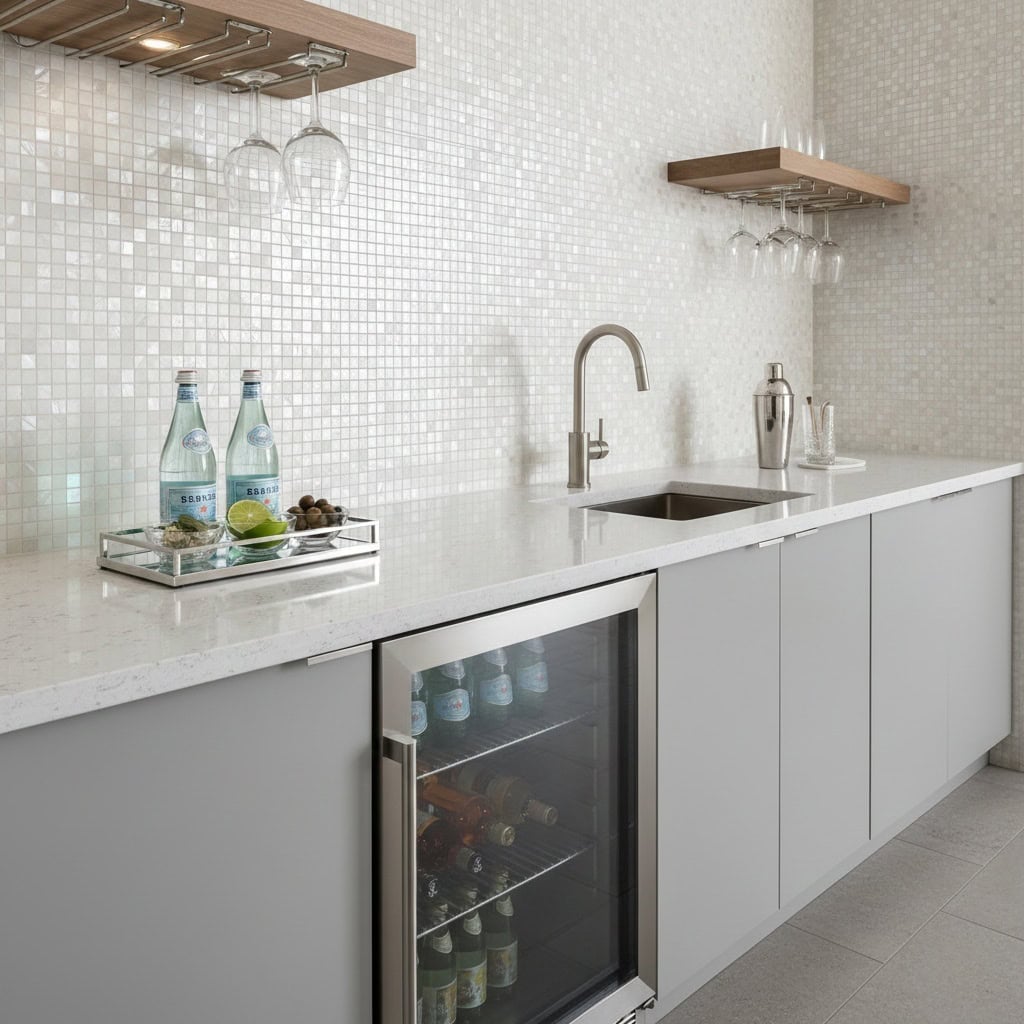 Mother of pearl shell tile backsplash with a modern kitchen design.