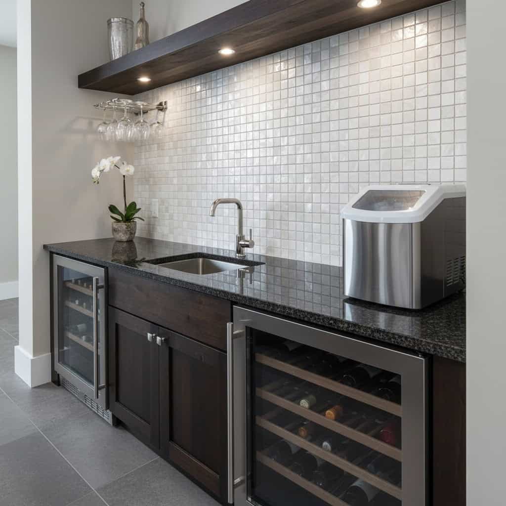 Up of a shell tile backsplash in a modern kitchen with dark cabinetry and wine coolers.