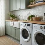 Mother of pearl shell tile backsplash in a modern laundry room with green cabinets and white appliances.