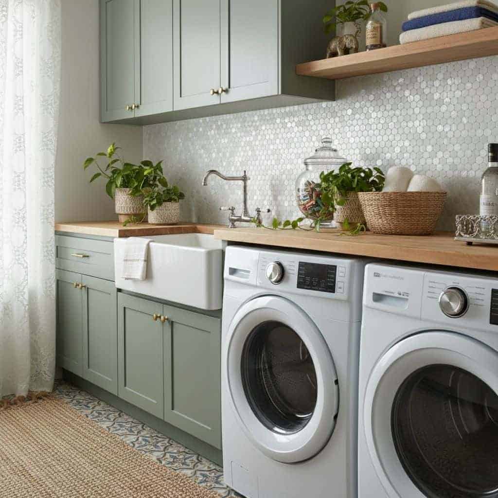 Mother of pearl shell tile backsplash in a modern laundry room with green cabinets and white appliances.