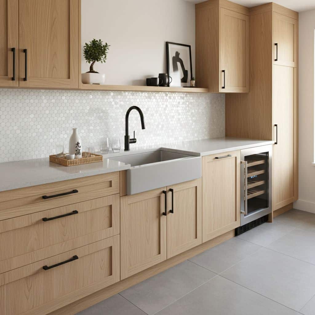 Bright kitchen featuring natural wood cabinetry and a stylish shell tile backsplash.