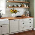 Up of a kitchen with a shell tile backsplash, white cabinetry, and a sunflower vase on the countertop.
