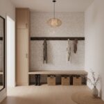 Mother of pearl shell tile wall decor with hanging hooks and storage baskets. Elegant, natural oyster shell design for stylis.