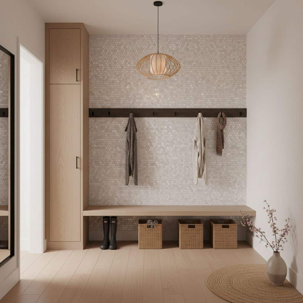 Mother of pearl shell tile wall decor with hanging hooks and storage baskets. Elegant, natural oyster shell design for stylis.
