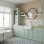 Bright kitchen with seashell tile backsplash and pastel green cabinetry.
