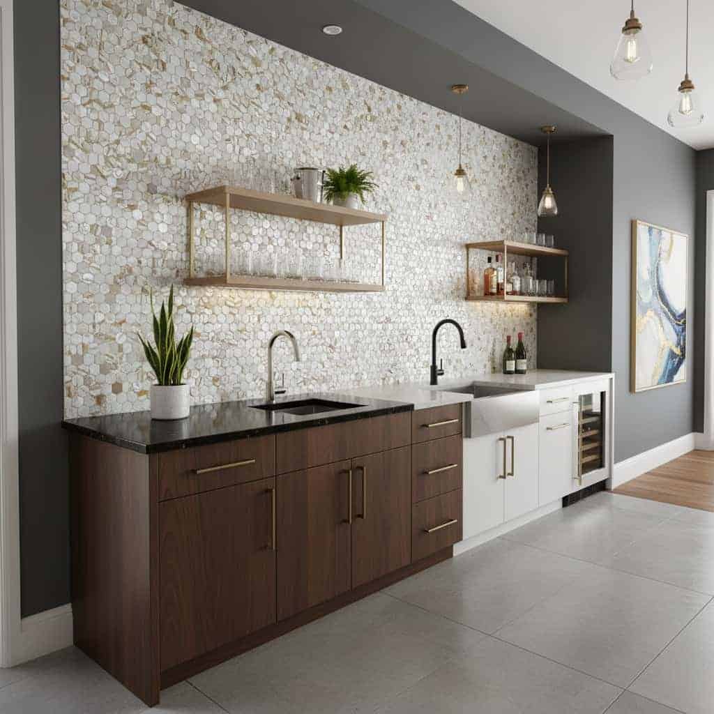 A modern kitchen featuring a stunning mother of pearl shell tile backsplash with a mix of pearl and seashell textures.