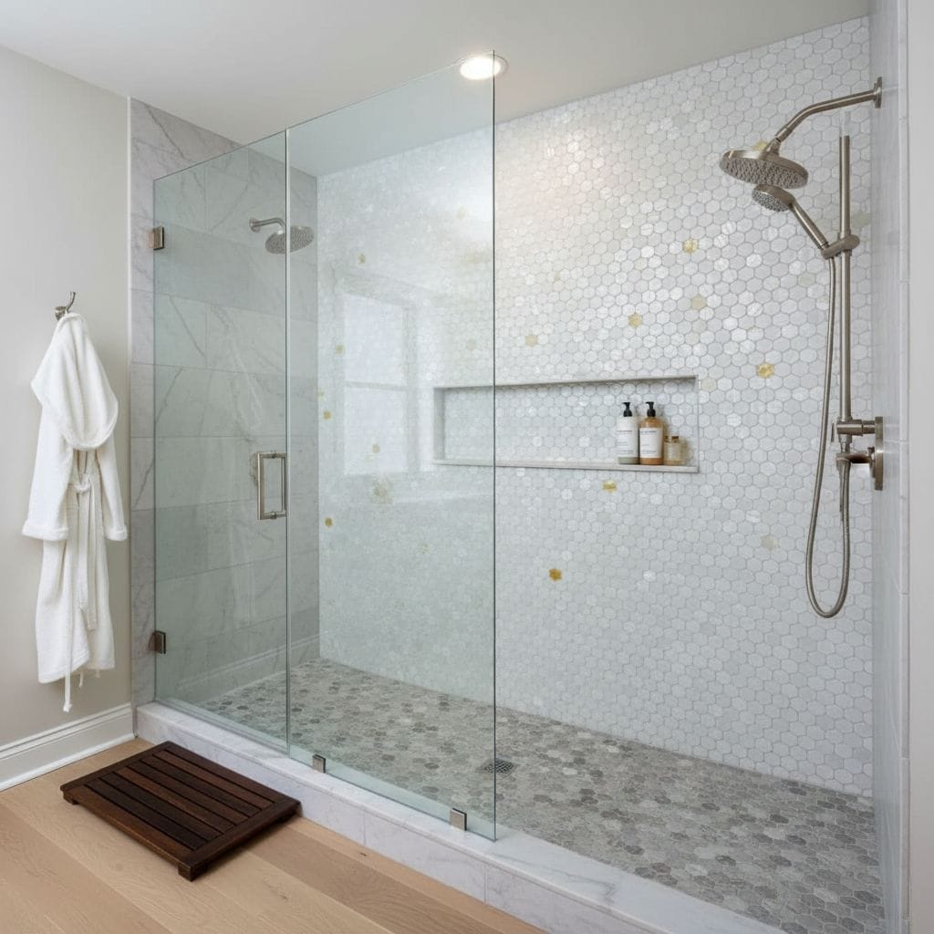 Shower wall featuring elegant mother of pearl shell tiles with a built-in niche and modern fixtures. Perfect for luxurious ba.