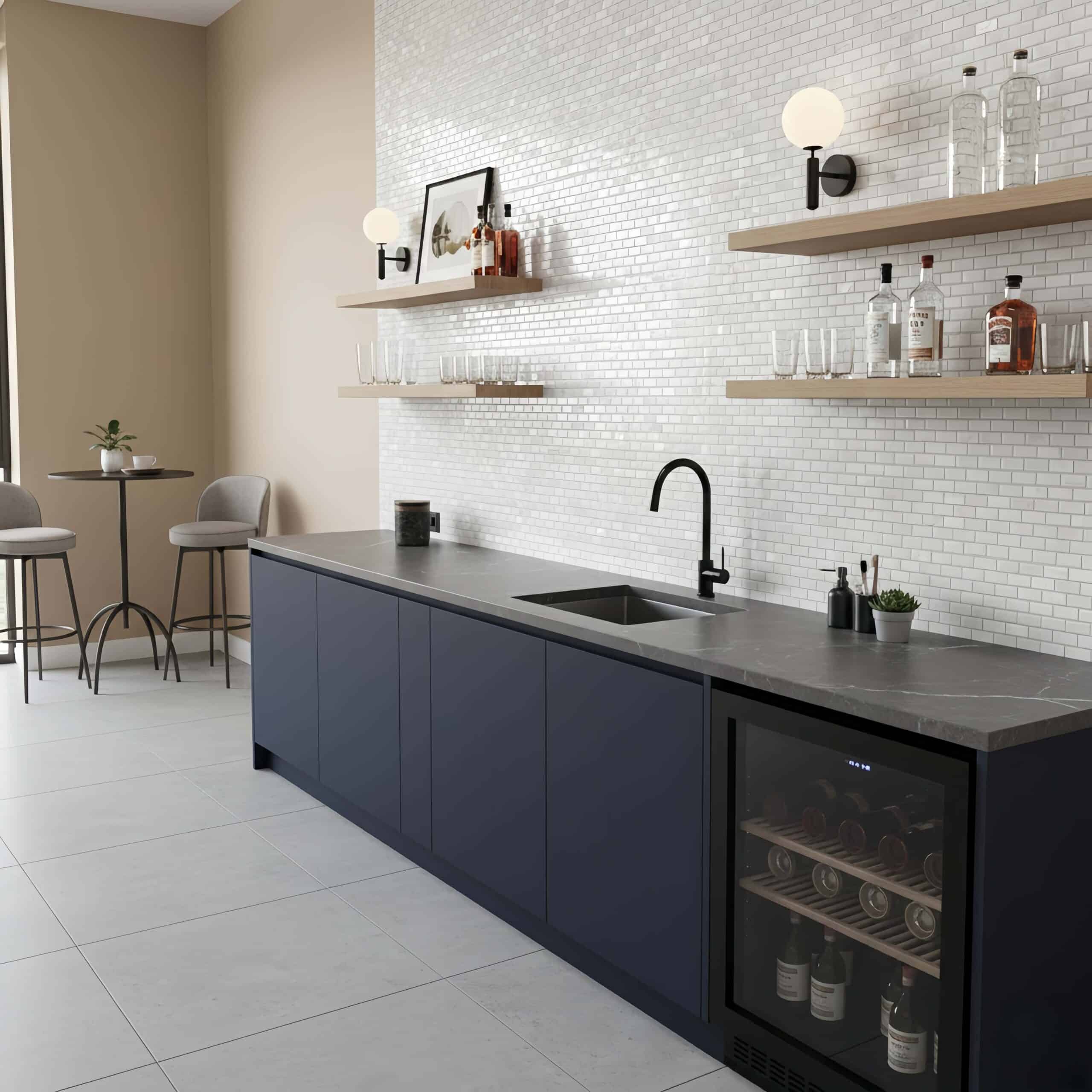 Elegant kitchen with mother of pearl shell tile backsplash and modern black faucet.