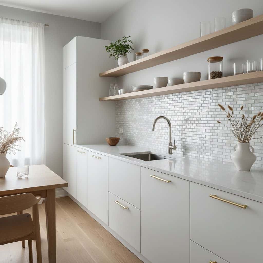 Bright kitchen featuring a white shell tile backsplash with mother of pearl accents. Minimalist design with open shelves and.