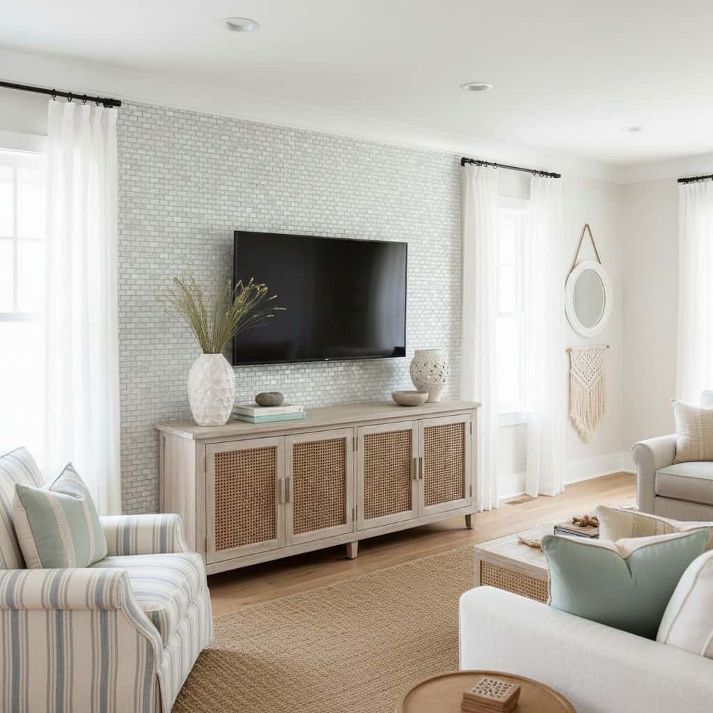 A stylish living room featuring a wall with mother of pearl shell tile behind a flat-screen TV, complemented by neutral furni.