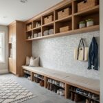 Mother of pearl shell tile used as a decorative wall accent in a modern entryway.