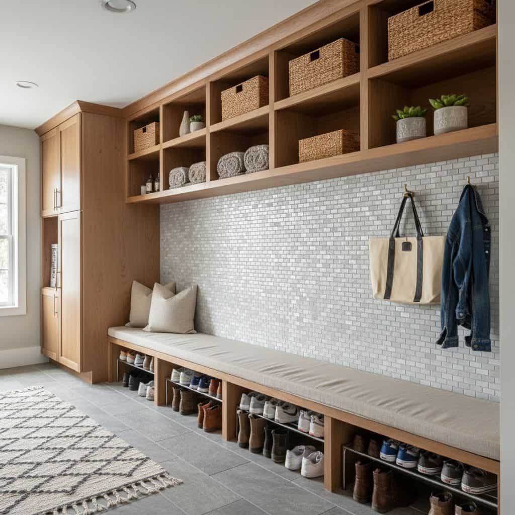 Mother of pearl shell tile used as a decorative wall accent in a modern entryway.