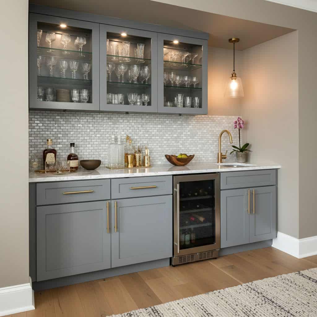 Elegant shell tile backsplash with mother of pearl accents in a modern kitchen setting.