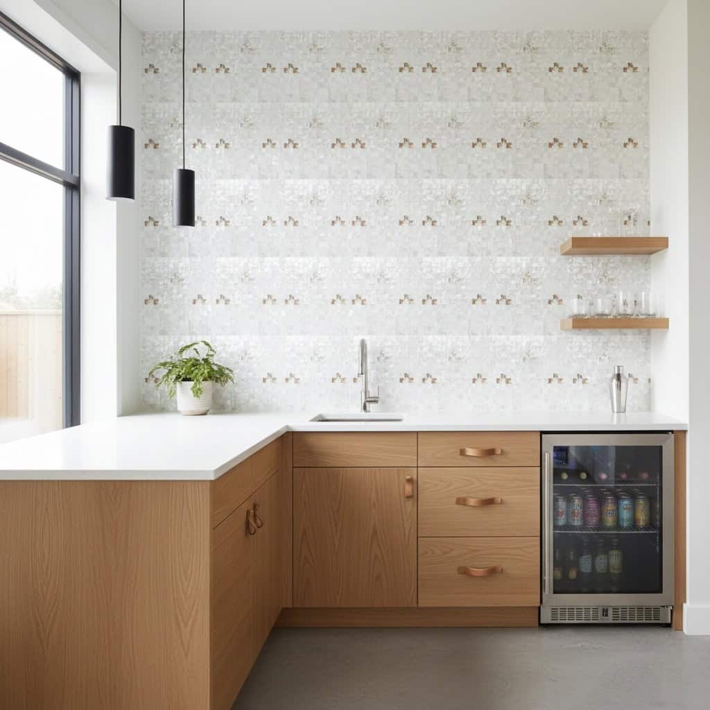 Mother of pearl shell tile with a natural, iridescent finish for elegant kitchen wall accents. Perfect for adding a touch of.