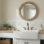 Mirror with wooden frame above farmhouse sink in bathroom.