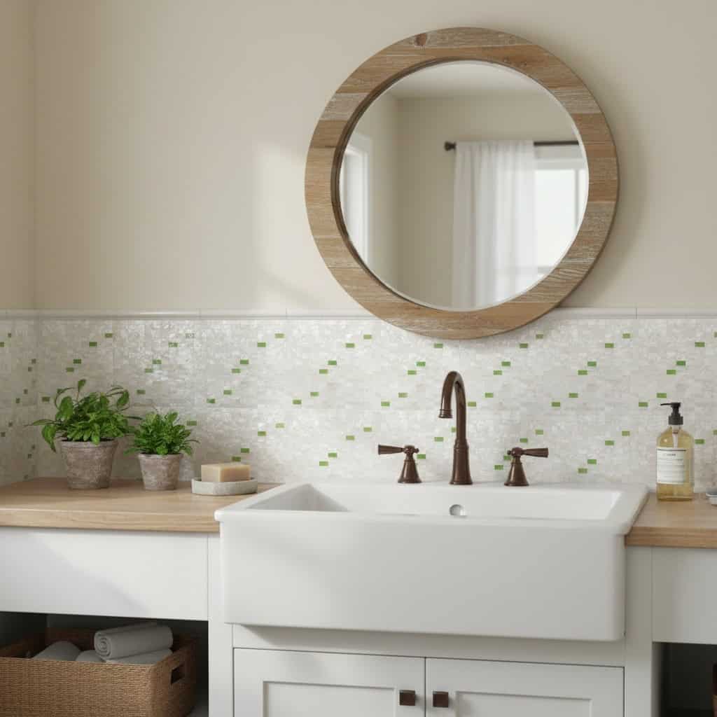 Mirror with wooden frame above farmhouse sink in bathroom.