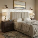 Elegant bedroom featuring a mother of pearl shell tile headboard accent. Perfect for adding a touch of luxury with pearl and.