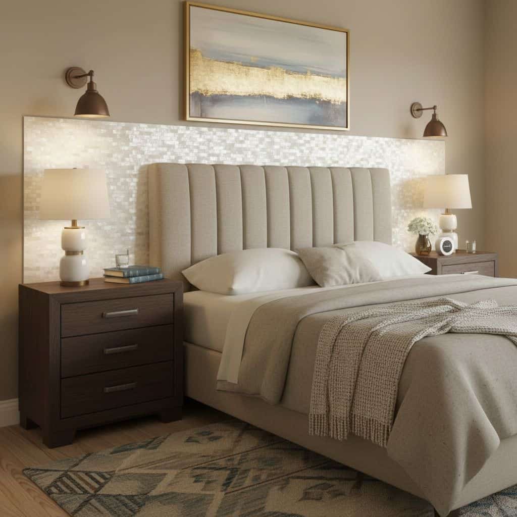 Elegant bedroom featuring a mother of pearl shell tile headboard accent. Perfect for adding a touch of luxury with pearl and.