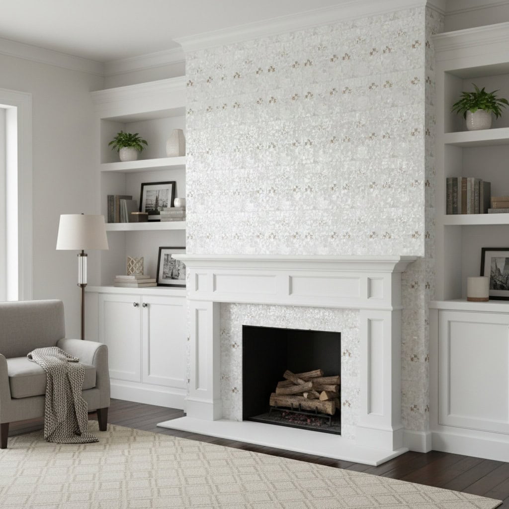 Mother of pearl shell tile fireplace wall with a modern design and natural textures. Perfect for adding elegance and a coasta.