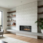 Beautiful shell tile featuring mother of pearl for elegant fireplace decor.
