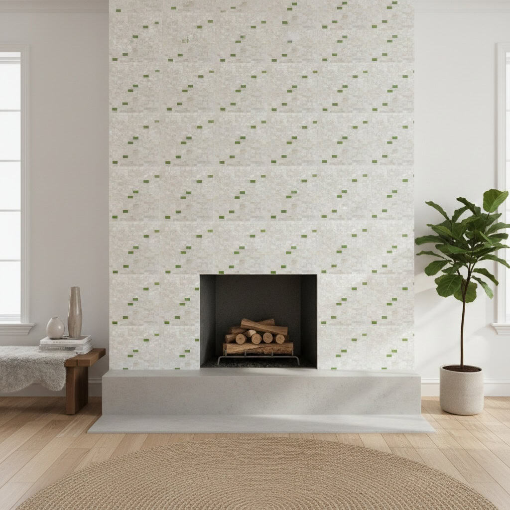 Mother of pearl shell tile with a subtle pattern, perfect for adding a luxurious touch to fireplace walls and interior decor.