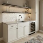 Elegant shell tile backsplash with mother of pearl accents in a modern kitchen setting.