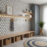 Decorative peel and stick wall tile in a modern geometric pattern.