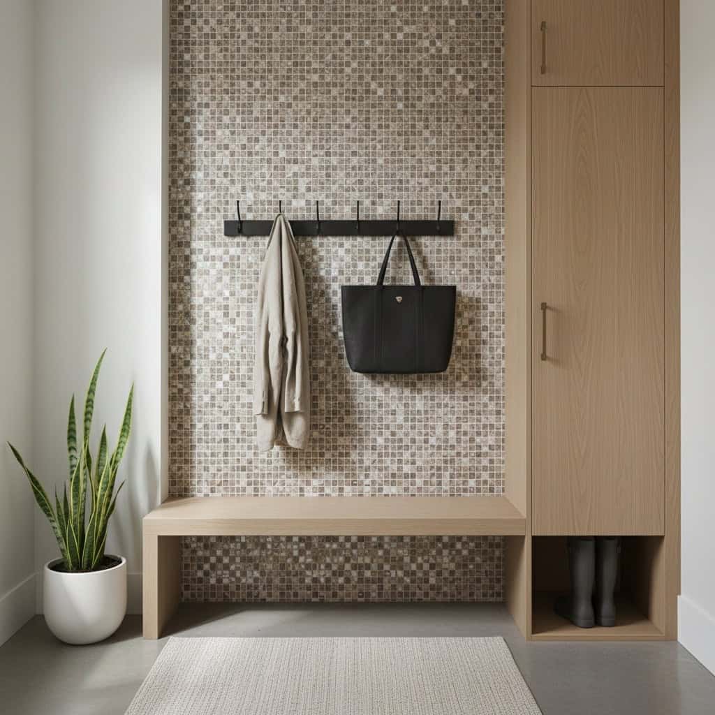 Decorative shell tile wall with mother of pearl and seashell accents, perfect for enhancing home interiors with a natural, el.
