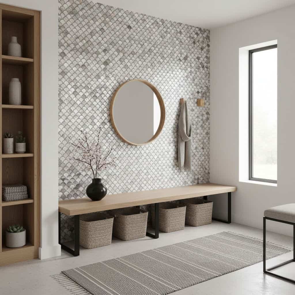 Decorative shell tile wall with mother of pearl accents in a modern entryway.