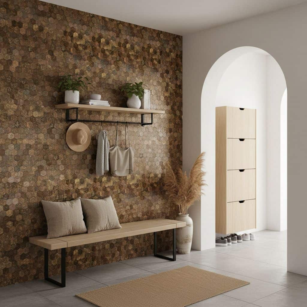 Decorative peel and stick tile wall in a modern interior.