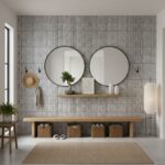 Gray textured wall tile with vertical lines and matte finish.