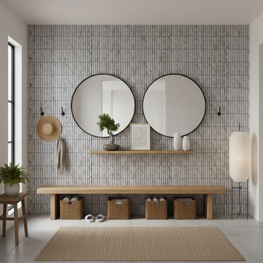 Gray textured wall tile with vertical lines and matte finish.
