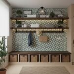 Wall with peel and stick tile backsplash and wooden shelves.