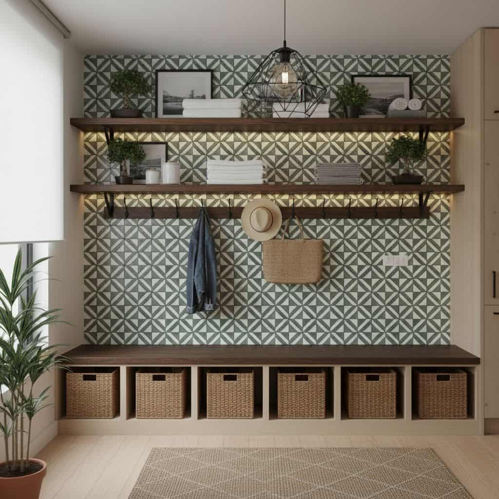 Wall with peel and stick tile backsplash and wooden shelves.