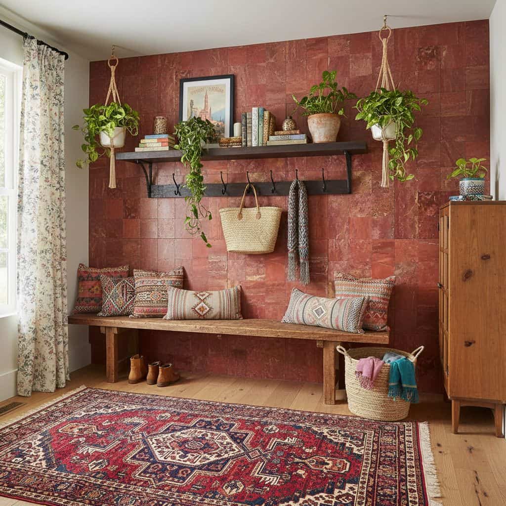 Red terracotta tiles with textured surface, complemented by green potted plants and wooden furniture.