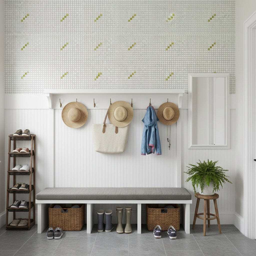 Decorative wall with mother of pearl shell tiles and hats, shoes, and a plant in a modern entryway.