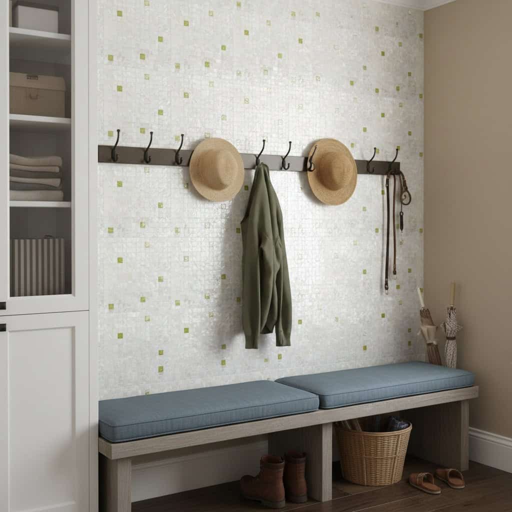 Decorative shell tile wall with hats, coat, and accessories in a cozy entryway.