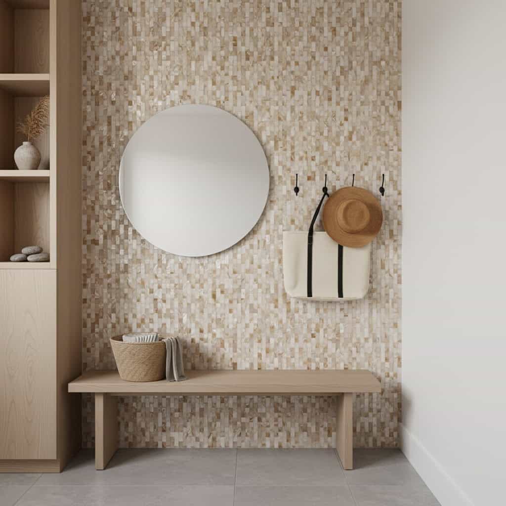A stylish entryway with a shell tile accent wall, round mirror, and hooks for hats and bags, creating a coastal-inspired home.