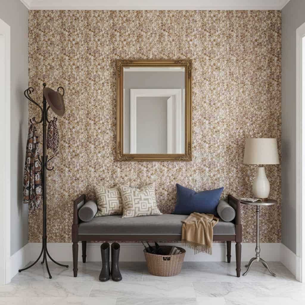 Mother of pearl shell tile wall decor with a floral pattern, creating a textured and elegant background in a cozy interior sp.