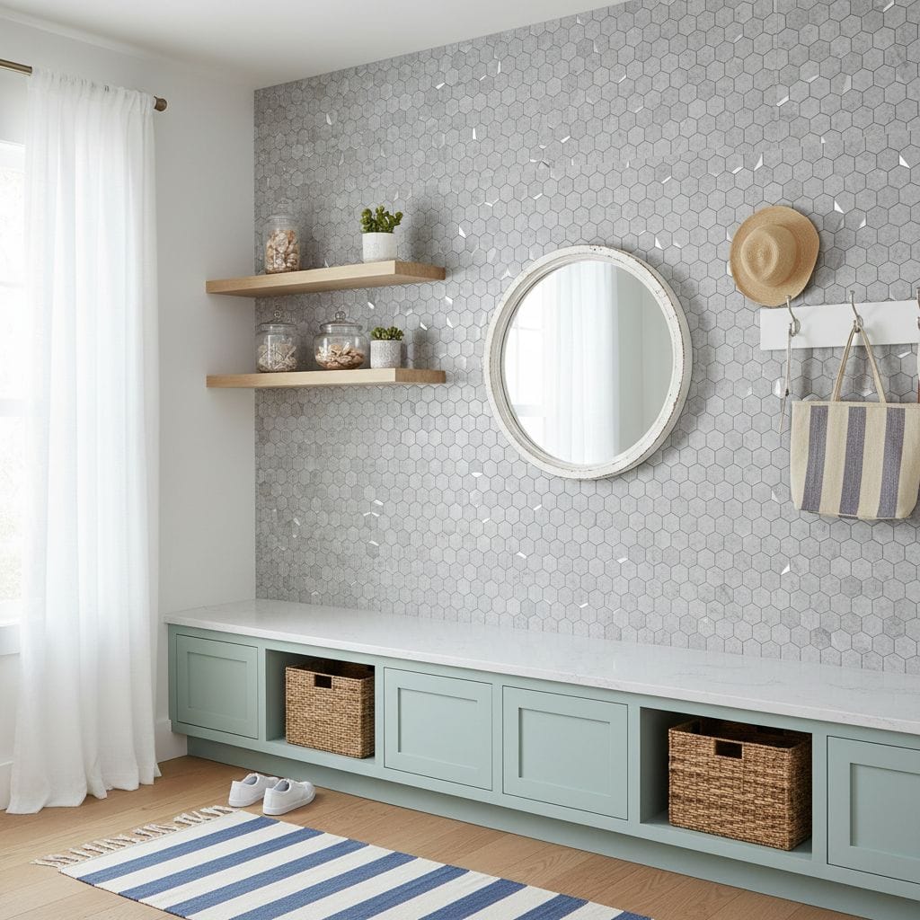 Wall with peel and stick tile backsplash and decorative accessories.