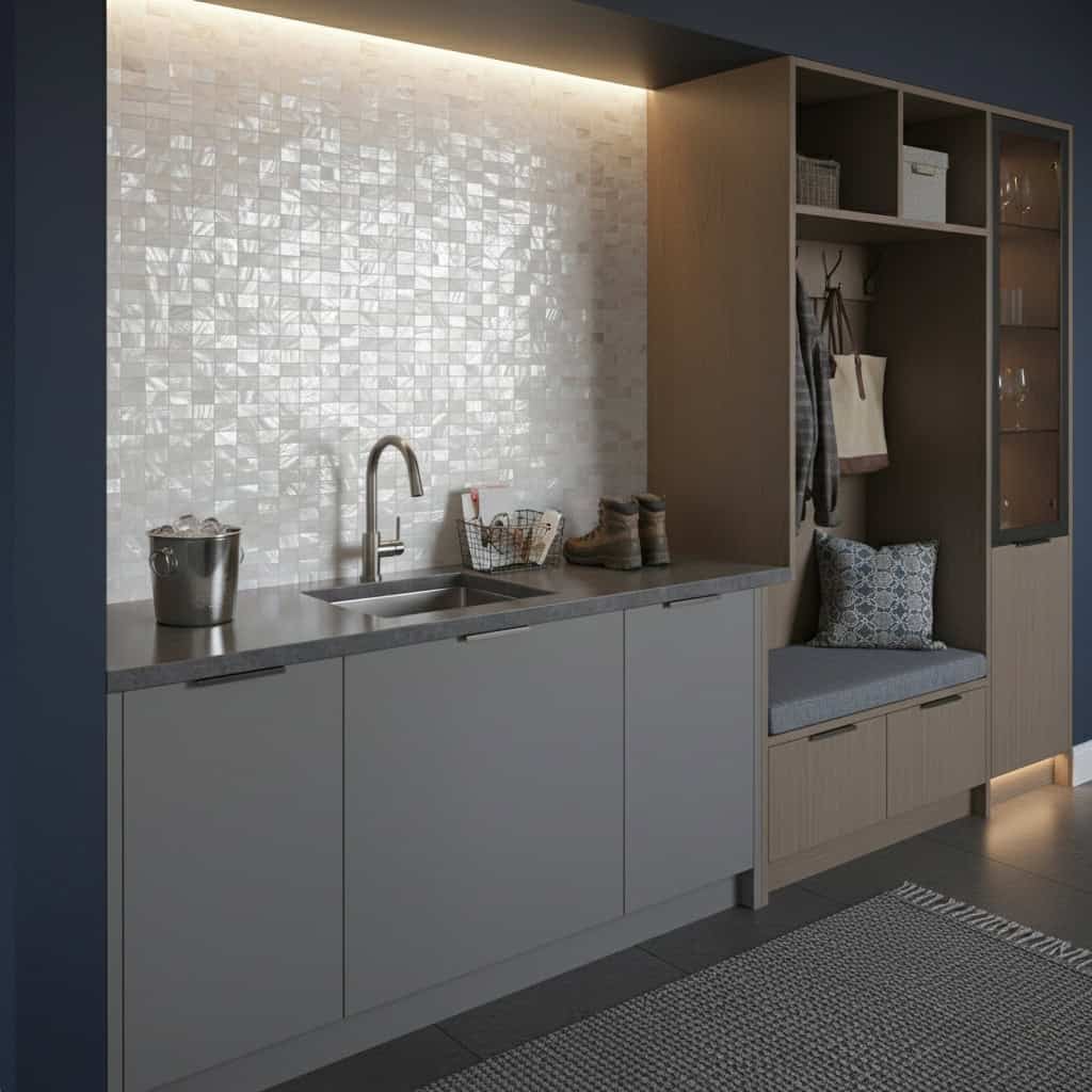 Mother of pearl shell tile used as a stylish kitchen backsplash, adding a luminous, textured surface with a natural seashell.