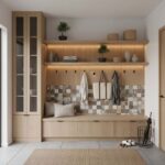 Modern interior with peel and stick tile backsplash, wall shelves, and decorative accessories in a cozy home setting.