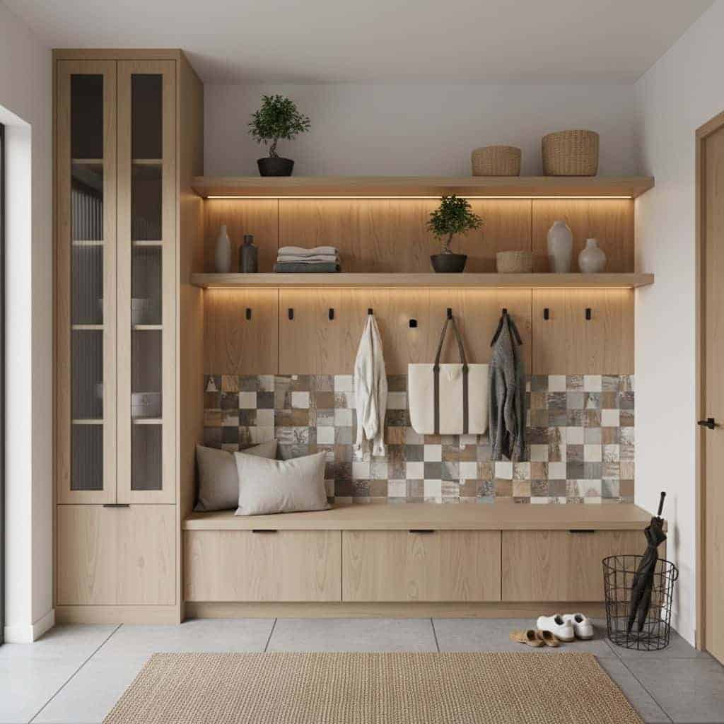 Modern interior with peel and stick tile backsplash, wall shelves, and decorative accessories in a cozy home setting.