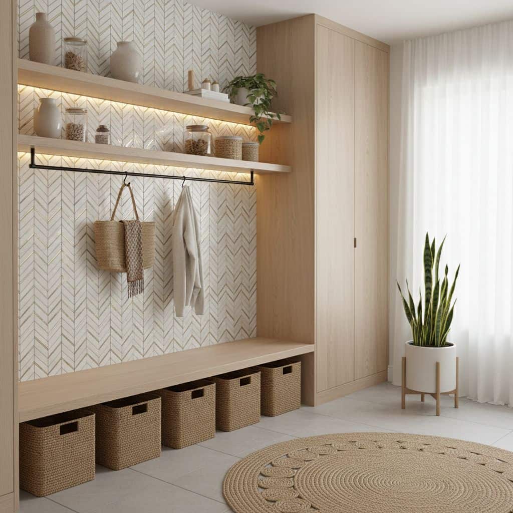 A stylish entryway featuring peel and stick wall tile, woven baskets, and a potted plant, creating a warm and inviting atmosp.
