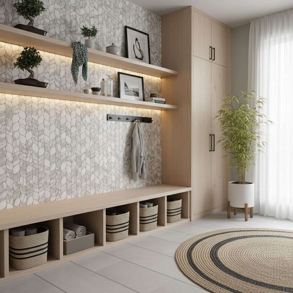 Modern living room with peel and stick wall tile, natural wood accents, and decorative shelves.