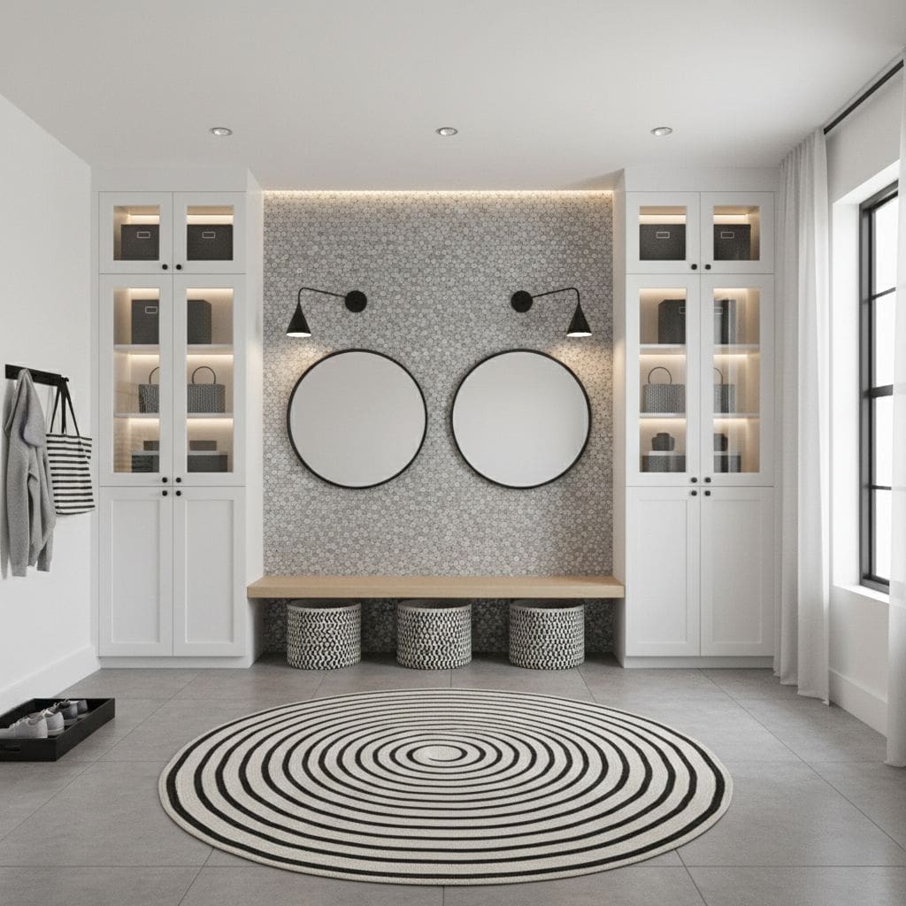 Stylish entryway featuring peel and stick wall tile, round mirrors, and built-in cabinets for a sleek, contemporary look.