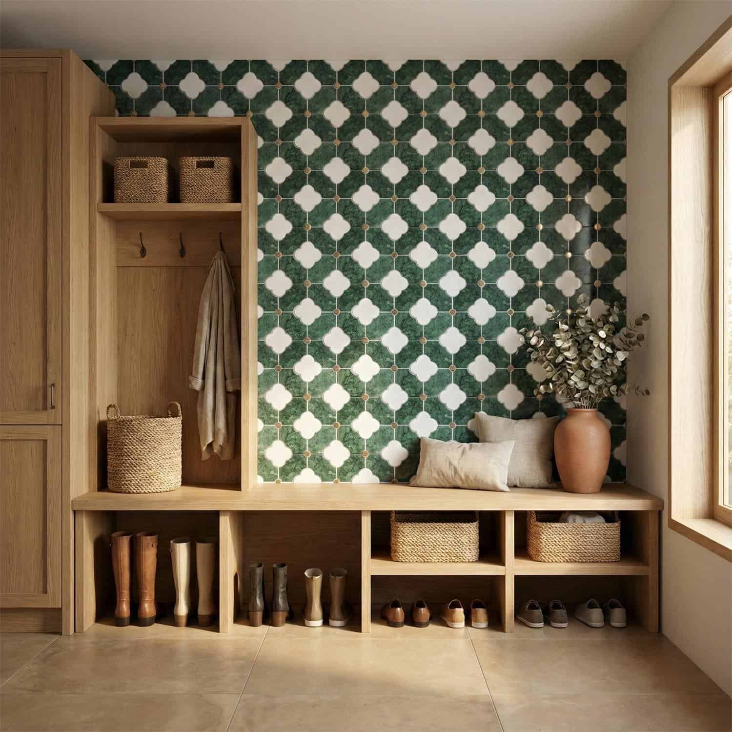 Green and white patterned ceramic tiles with a glossy finish, creating a vibrant and textured wall accent.