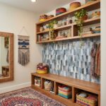 A stylish wall featuring peel and stick tile backsplash with colorful baskets and decorative items, creating a vibrant and or.